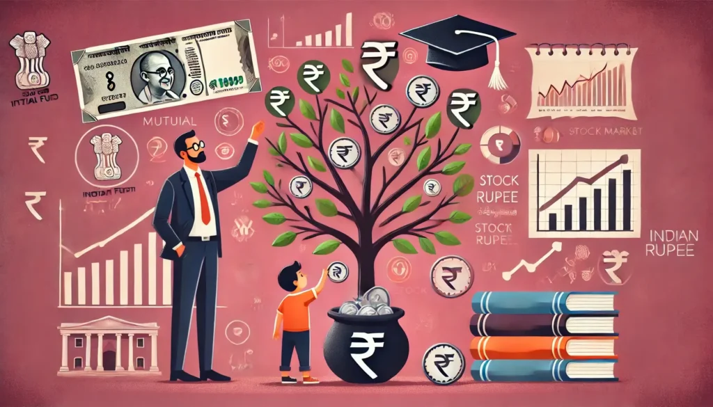 Illustration of a mutual fund investment concept with a growing money tree, rupee coins, and education symbols representing financial planning for a child's future.