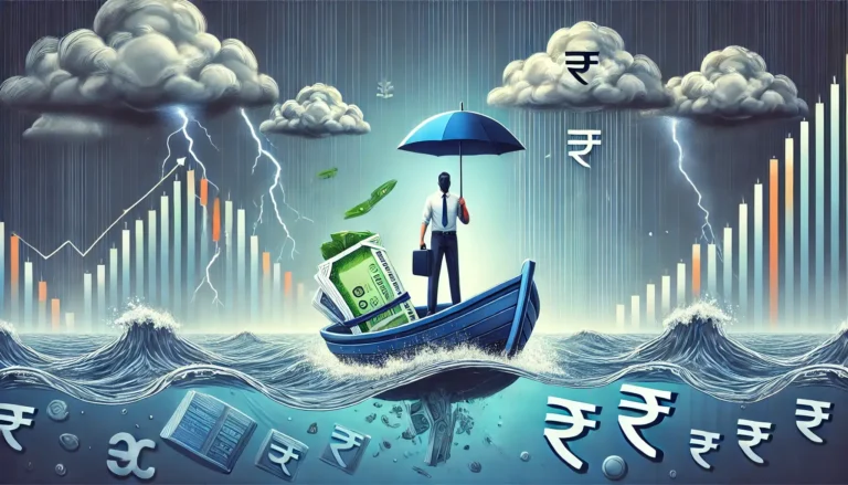 Businessperson in a boat filled with money navigating stormy financial seas, symbolizing investing in mutual funds during market volatility.
