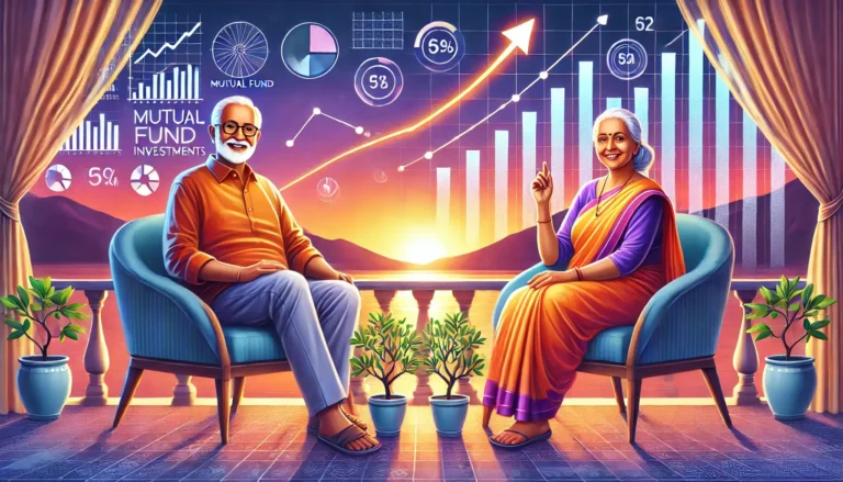 Elderly Indian couple smiling while discussing mutual fund investments for retirement, with charts and growth graphs in the background symbolizing financial planning.