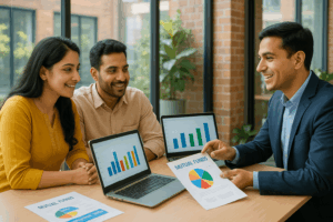 Young couple discussing SIP investments with a mutual fund distributor in Bangalore – guided, confident, and future-focused
