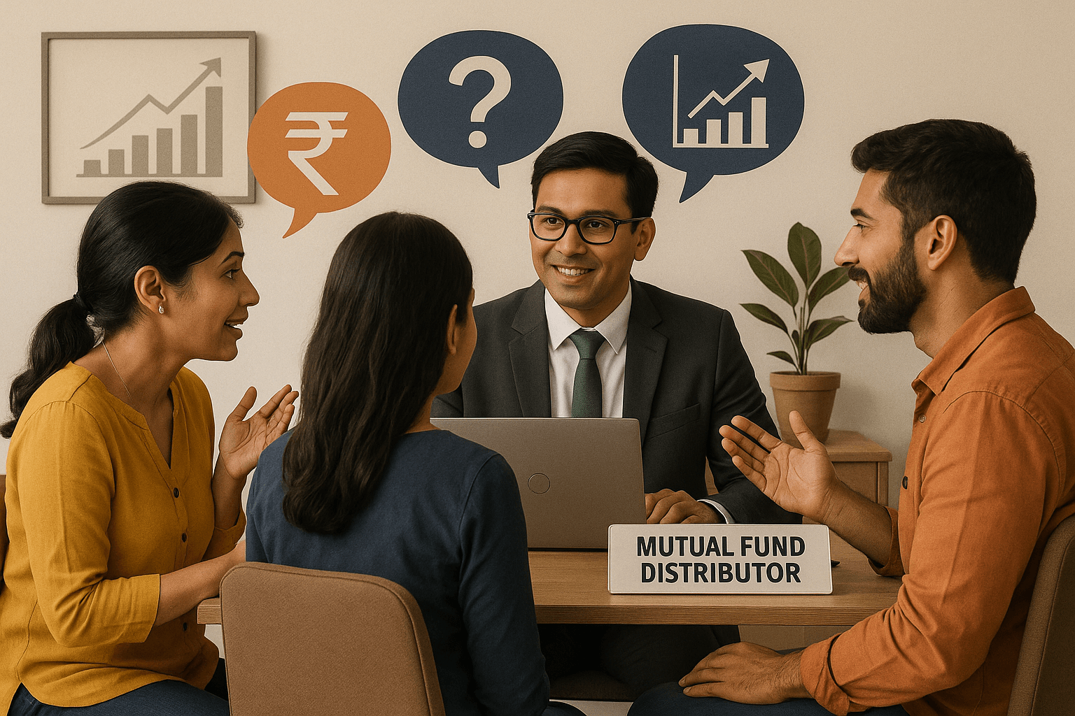 mutual fund distributor answering the financial questions of the customers