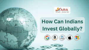 Puzzle globe representing global investing with icons of Google, Amazon, Meta, Apple, Microsoft and ARA Finserv’s branding – How Indians Can Invest Globally