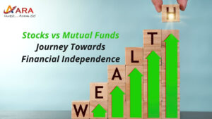 Comparison of Mutual Funds vs Direct Stocks in the journey towards financial independence, represented by upward green arrows forming the word WEALTH – ARA Finserv"