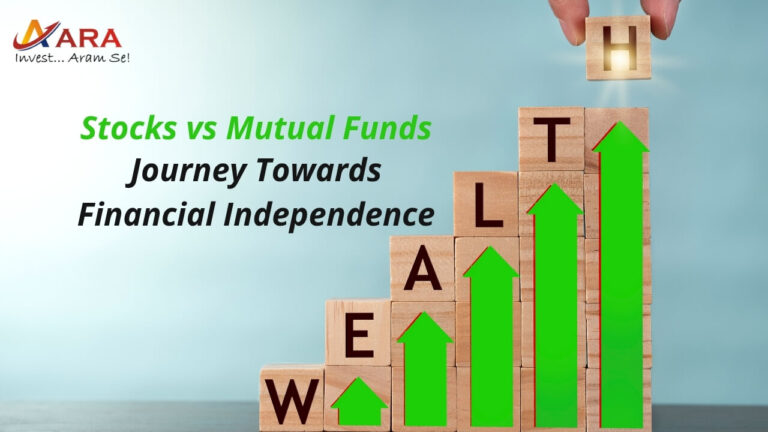 Comparison of Mutual Funds vs Direct Stocks in the journey towards financial independence, represented by upward green arrows forming the word WEALTH – ARA Finserv"