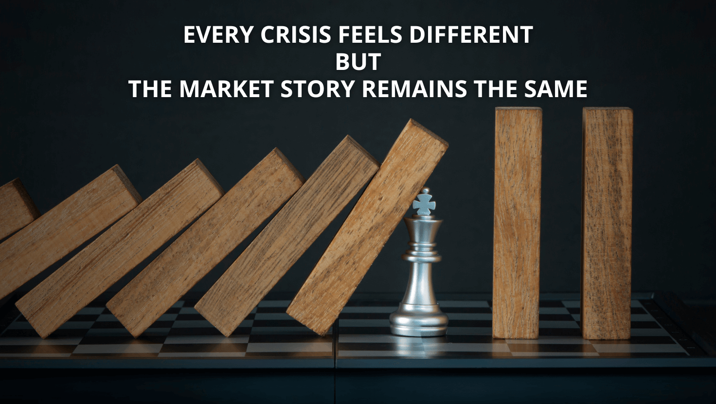 Chess king standing against falling blocks showing how long-term investing withstands market crises