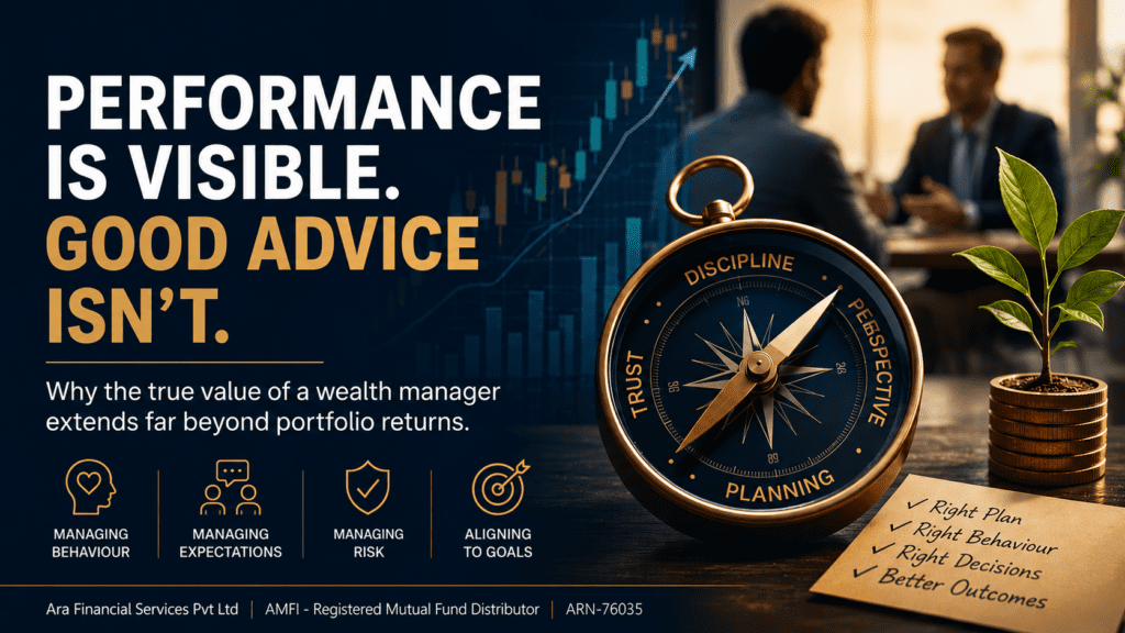 Financial advisor guiding an investor with a compass symbolising disciplined investing, behavioural coaching, risk management, and long-term financial goals beyond portfolio returns.